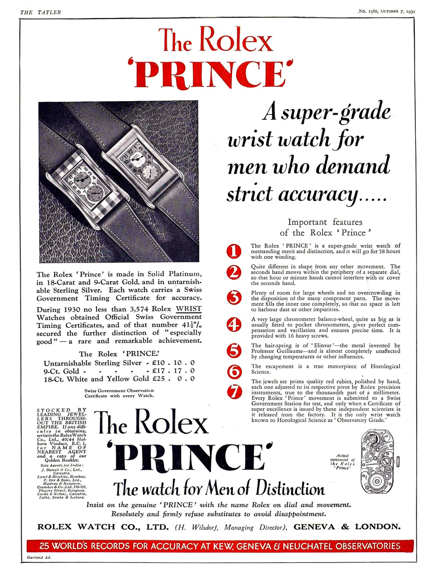 Реклама Rolex Prince 1931 года